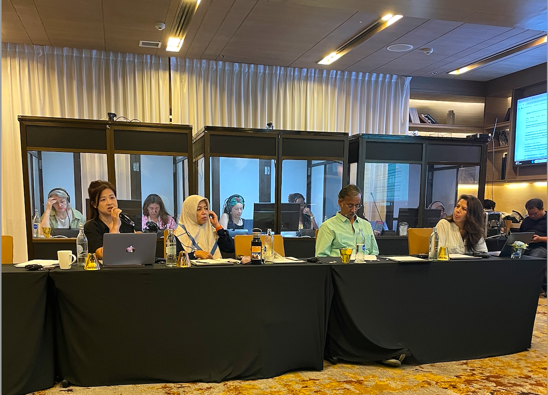 Members of the WFFP Coordinating Committee in Bangkok, Thailand sit at a long table. A woman is speaking at the microphone. Behind the table, there is a translation booth.