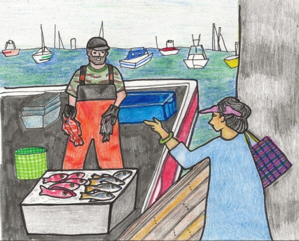 A customer buys fish from a harvester at the dock